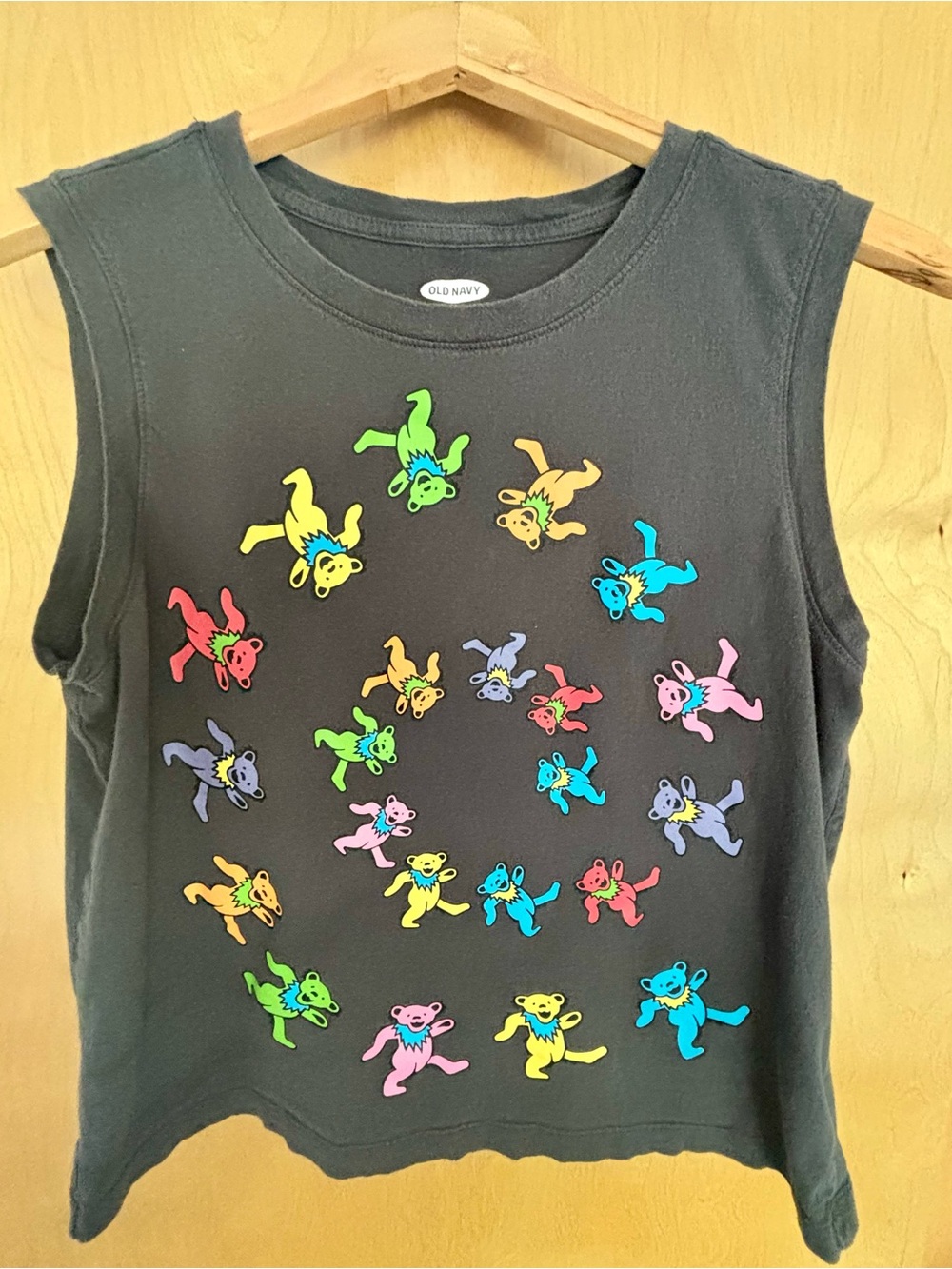 Old Navy Black Tank Top with Neon Multicolor Dancing Bears